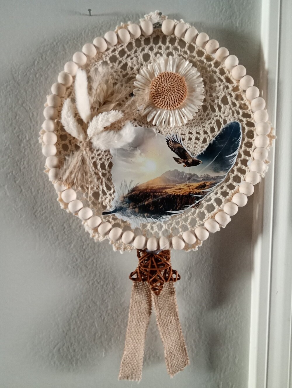 Boho Neutral Feather Wall Hanging - Cream Decorative Dreamcatcher